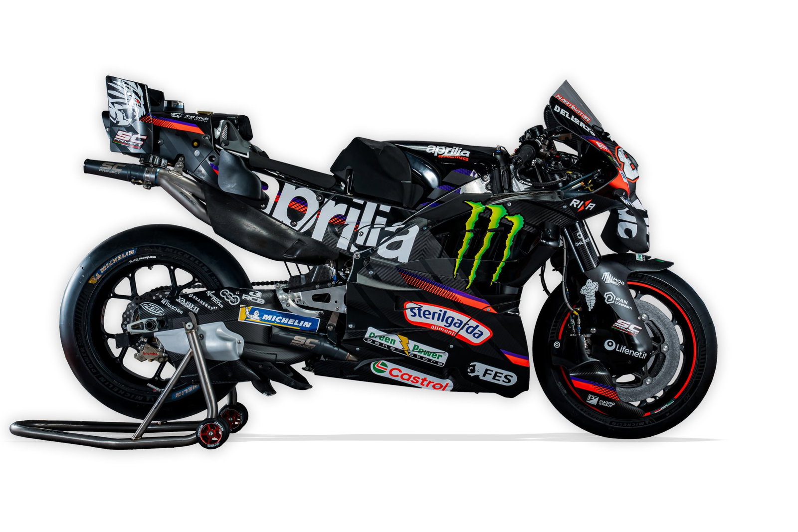 Aprilia Racing's RS-GP26 MotoGP bike with Monster Energy as title sponsor.