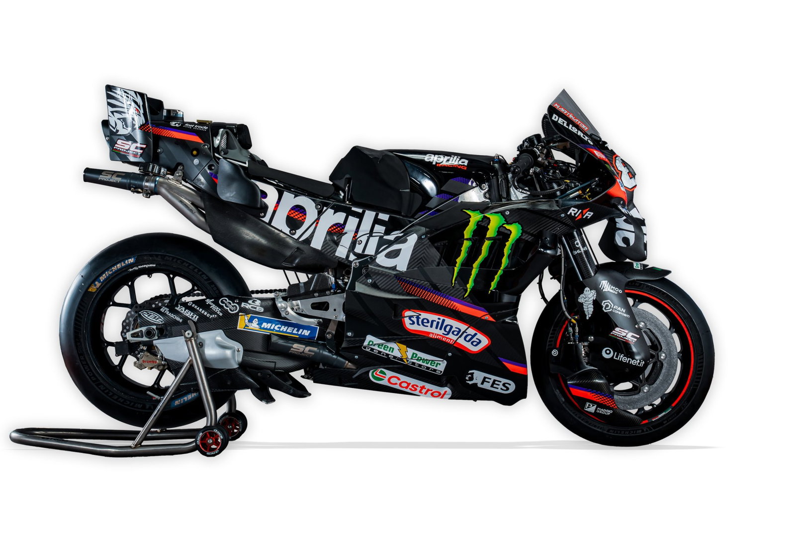 Aprilia Racing's RS-GP26 MotoGP bike with Monster Energy as title sponsor.