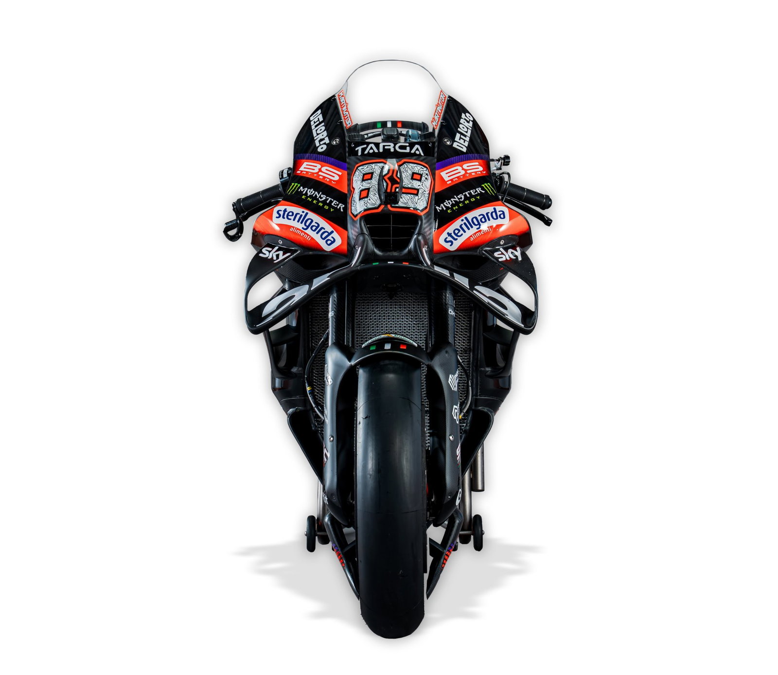 Front of the Monster Energy Aprilia MotoGP bike.
