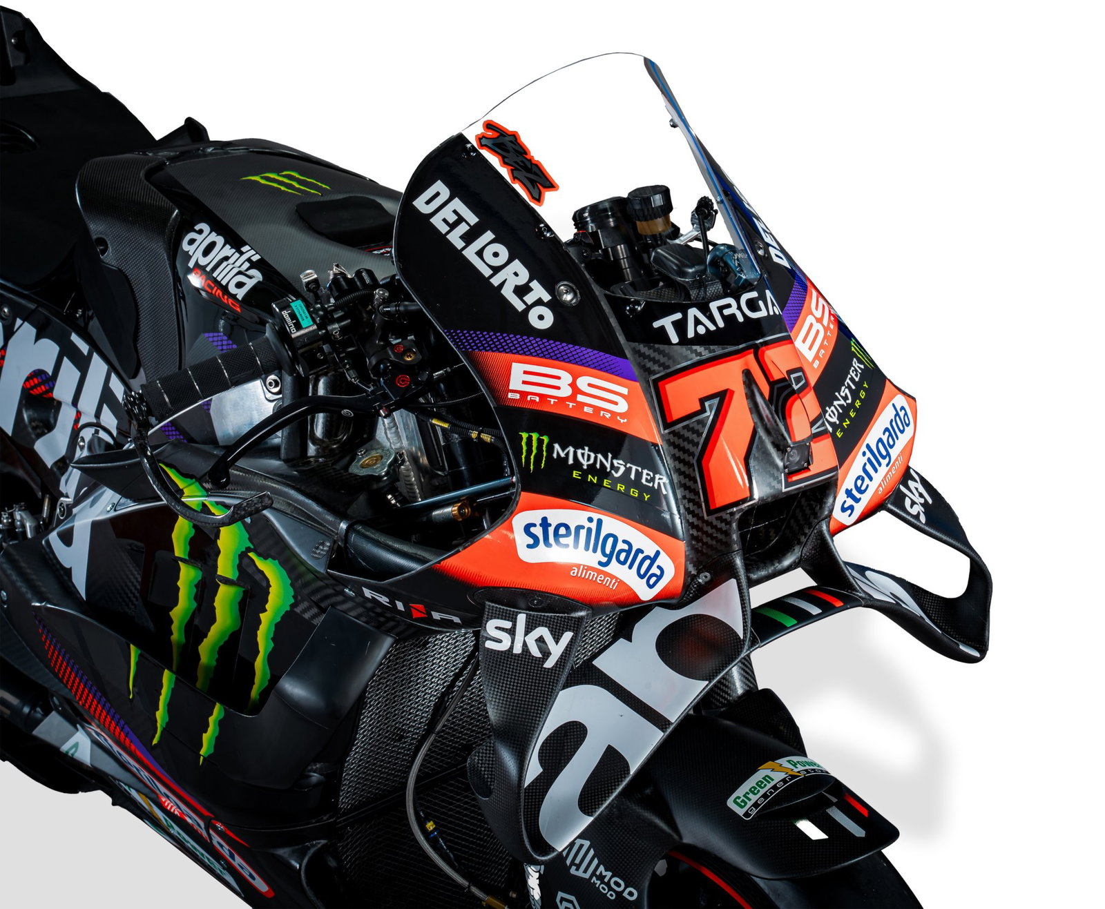 Monster Energy logo on Marco Bezzecchi's Aprilia MotoGP bike.