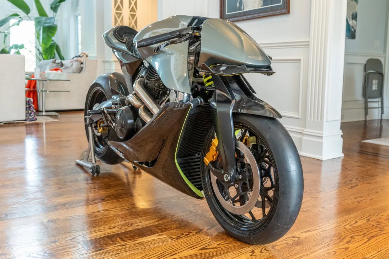 The front free quarter view of the Brough AMB 001