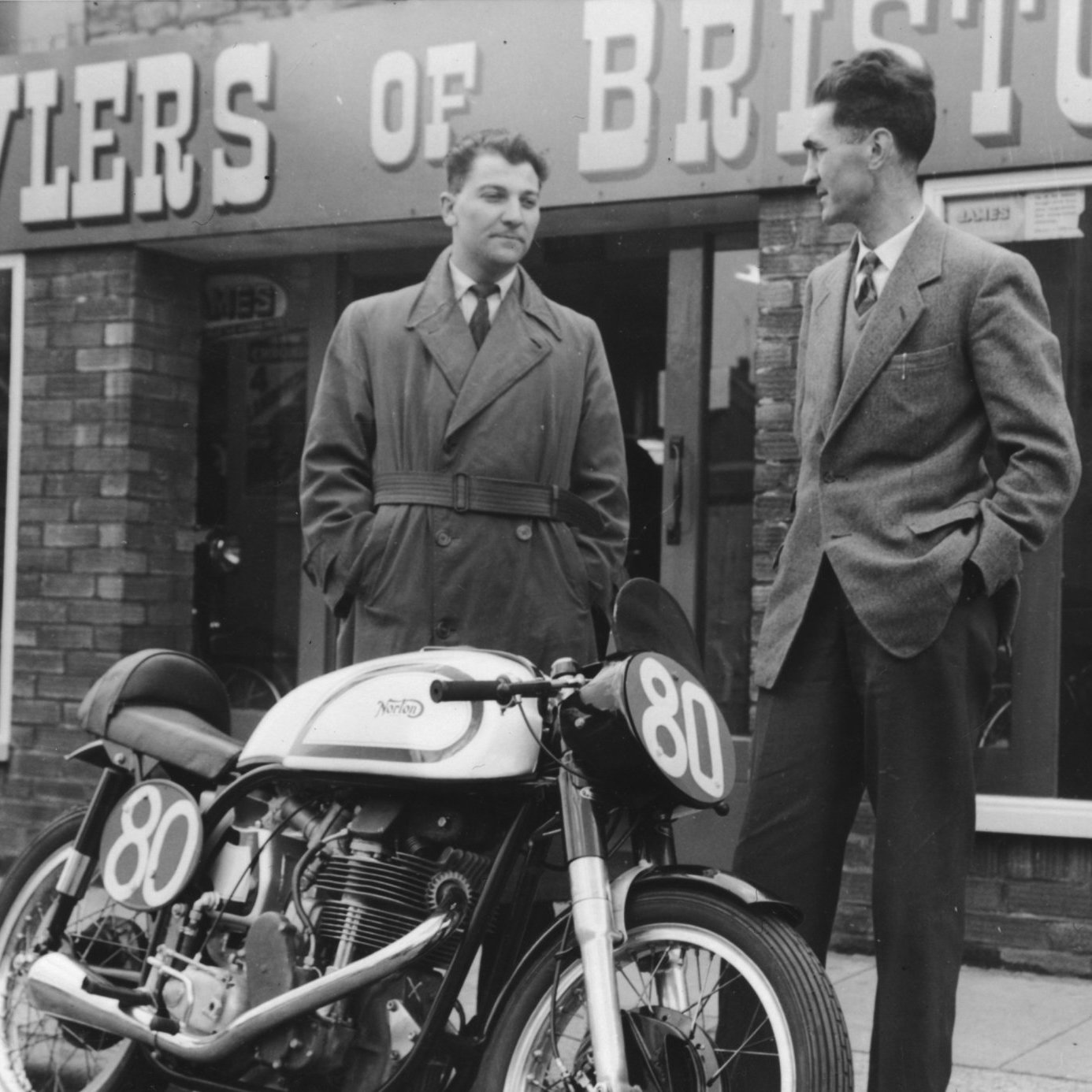 A Manx Norton outside the Fowlers motorcycle dealership in the 1960s