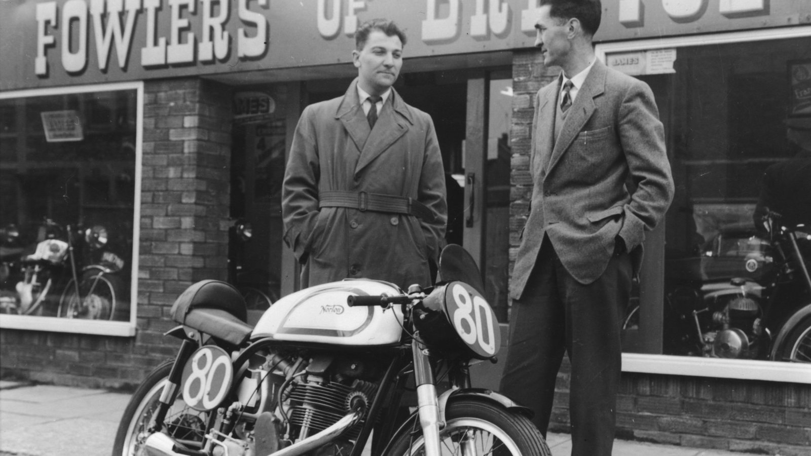 A Manx Norton outside the Fowlers motorcycle dealership in the 1960s