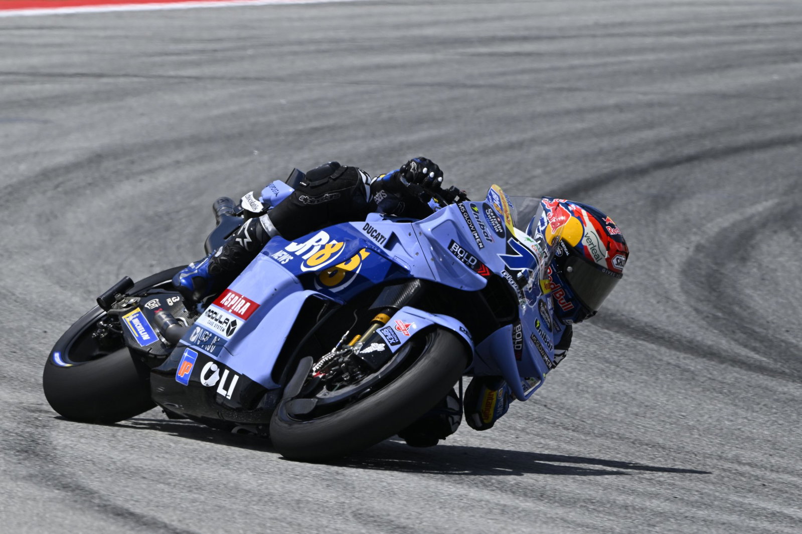 Alex Marquez riding his Ducati MotoGP bike in Barcelona.
