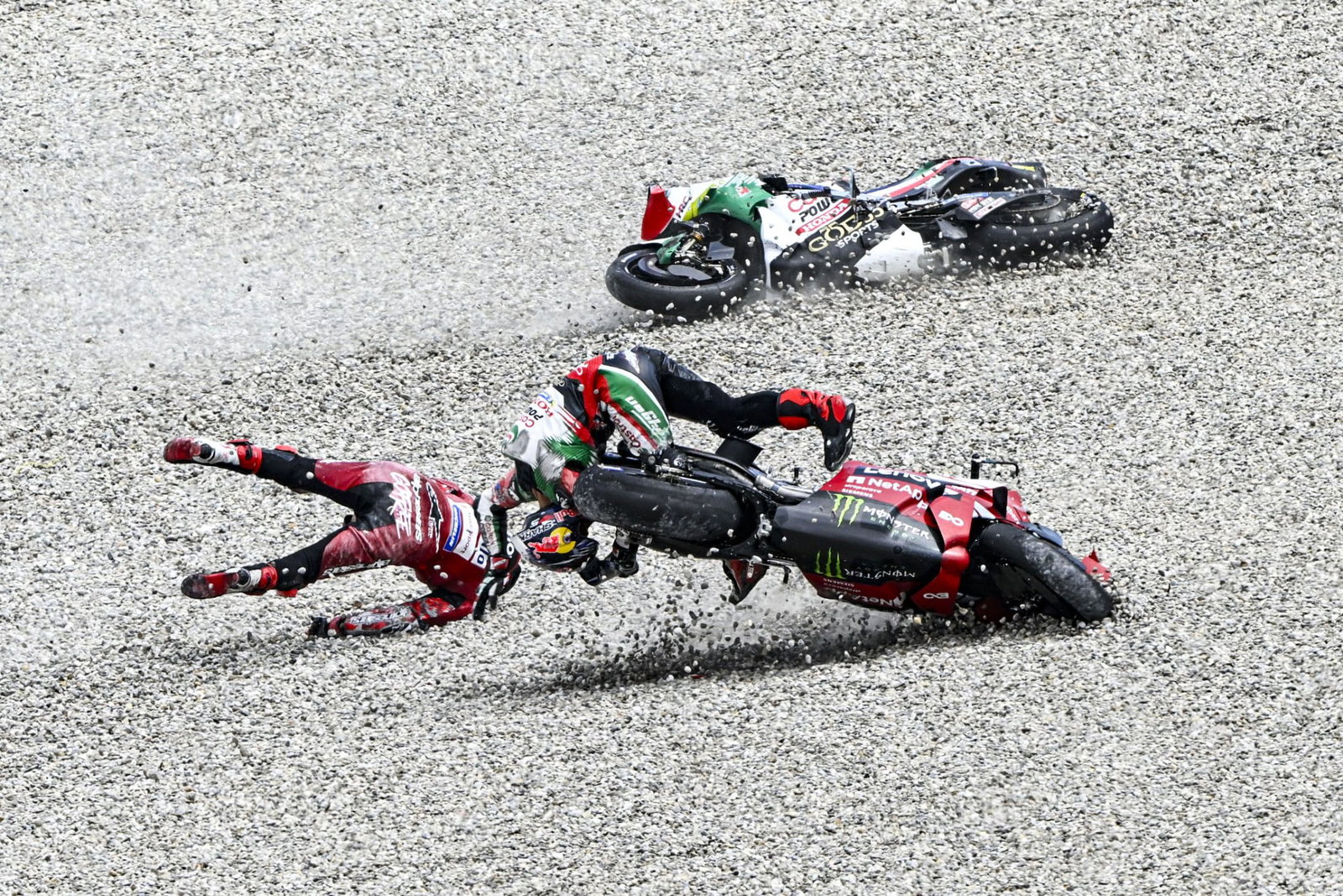 Johann Zarco and Francesco Bagnaia involved in a crash. Credit: Gold and Goose.