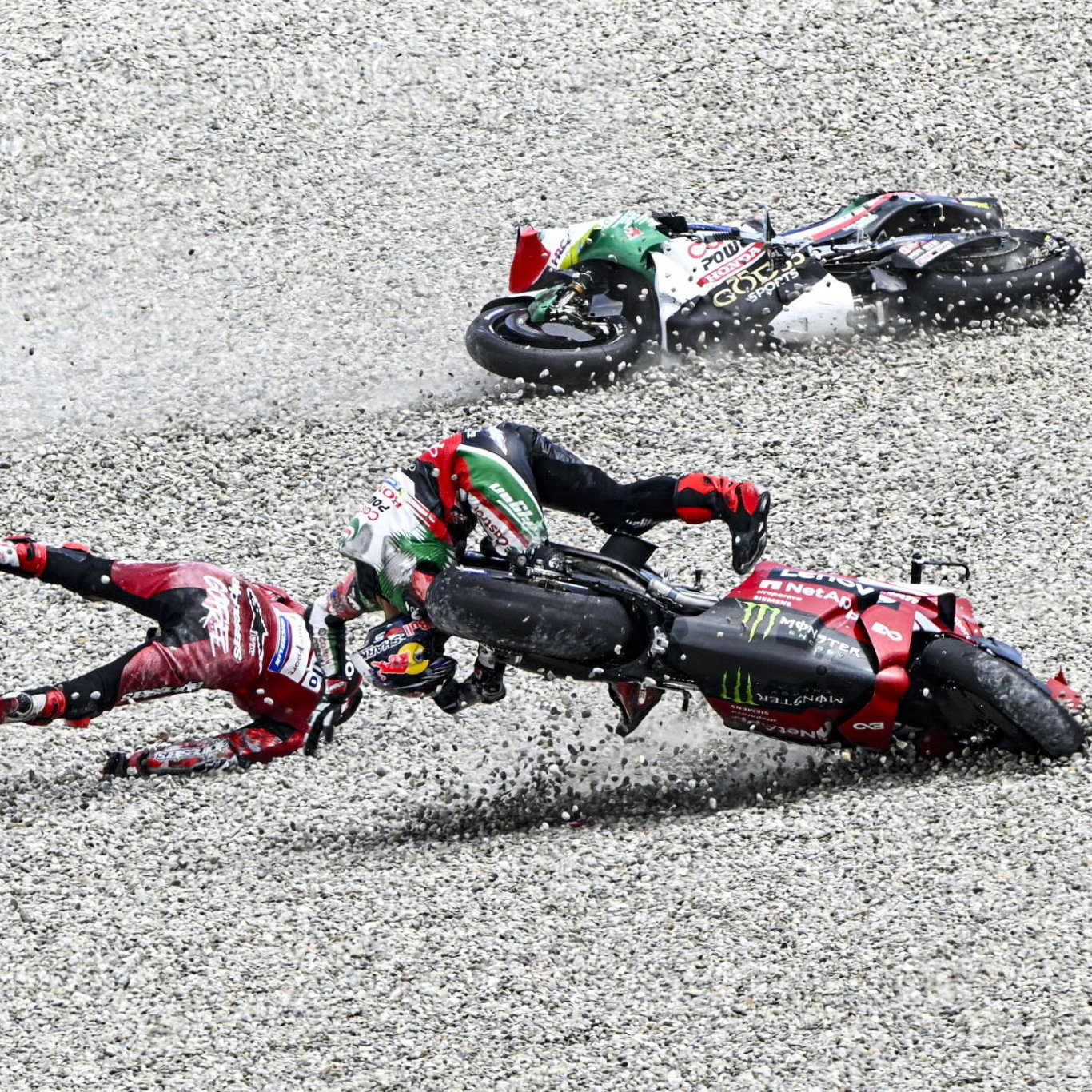Johann Zarco and Francesco Bagnaia involved in a crash. Credit: Gold and Goose.