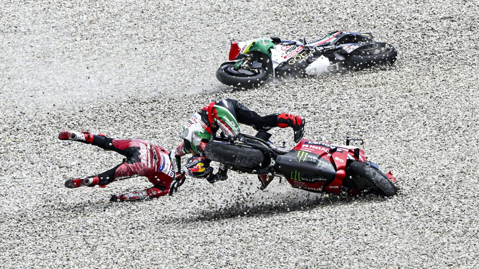 Johann Zarco and Francesco Bagnaia involved in a crash. Credit: Gold and Goose.
