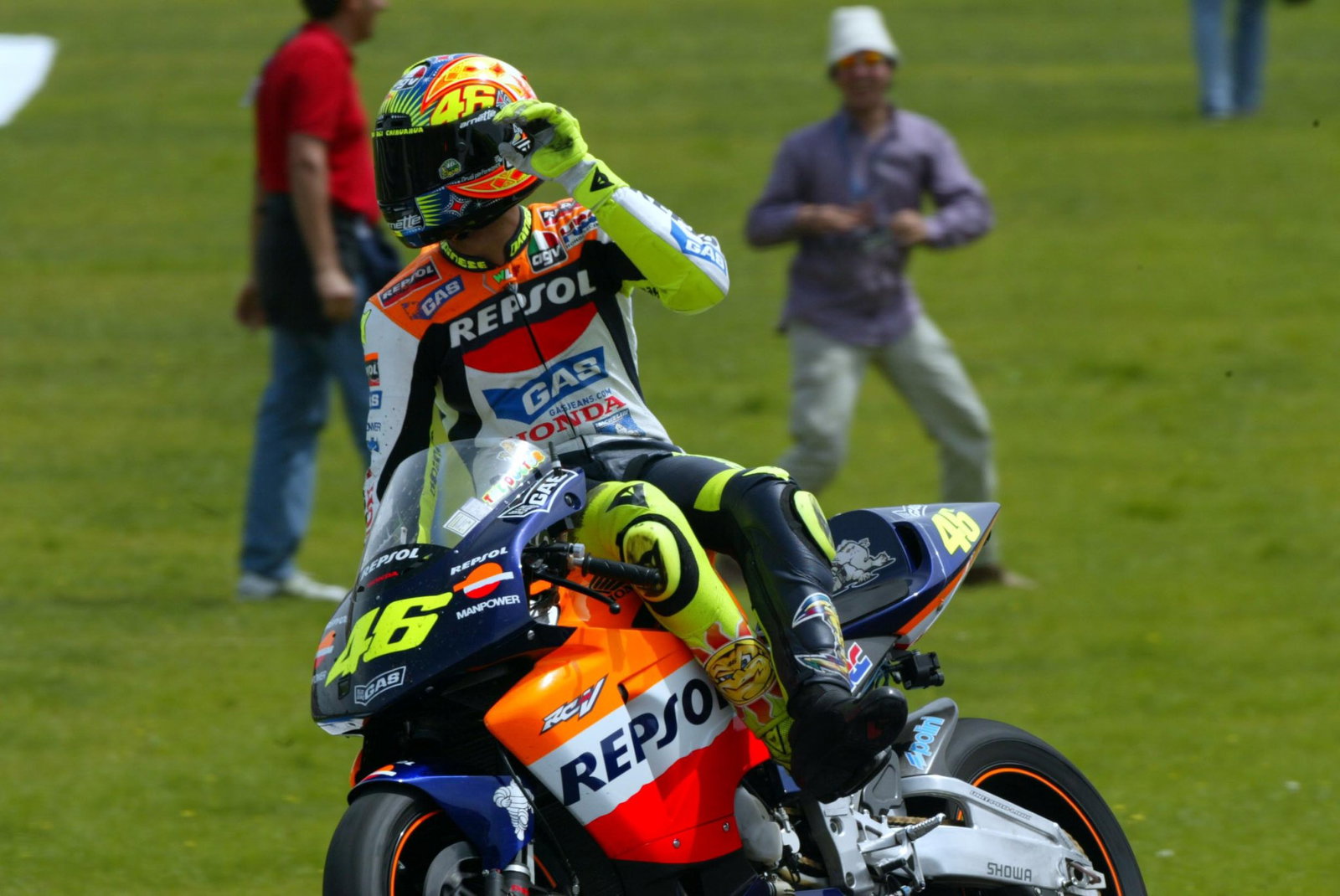 Valentino Rossi celebrating in 2002. Credit - Gold and Goose.