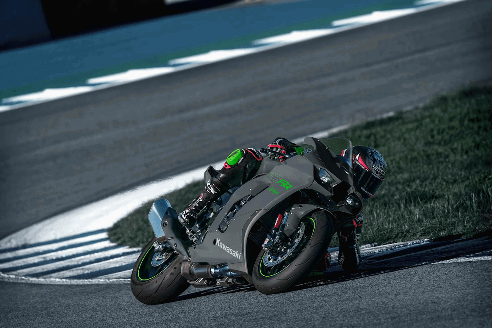 A Kawasaki Ninja ZX-10RR being ridden on track