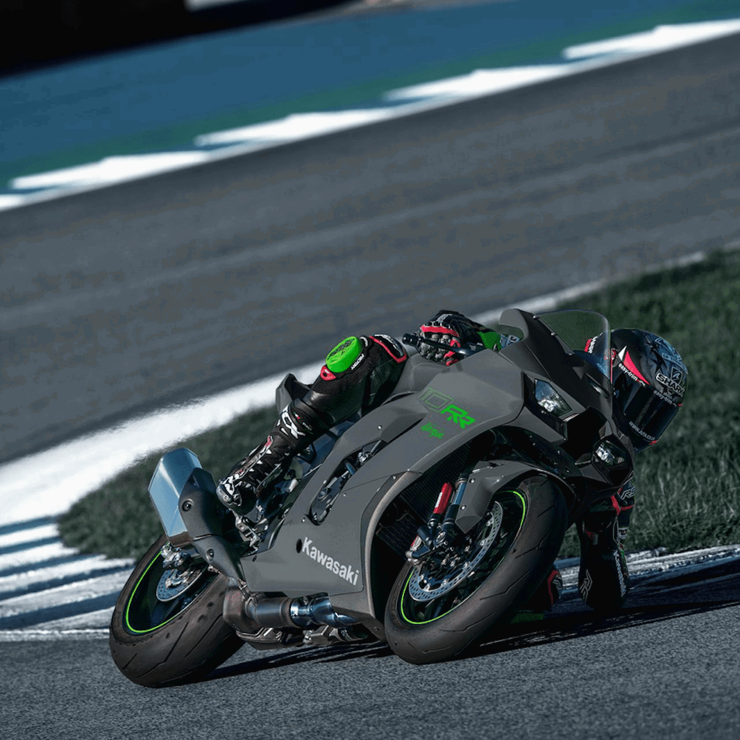 A Kawasaki Ninja ZX-10RR being ridden on track