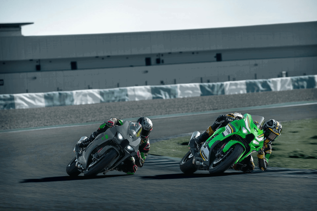 Two Kawasaki Ninja ZX-10RR motorbikes being ridden on track