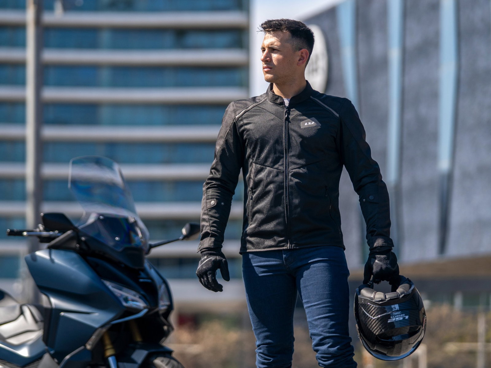 A rider wearing the LS2 Breeze