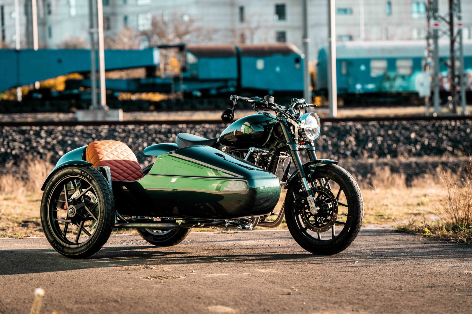 The Royal Enfield Shotgun 650 custom build featuring a sidecar.