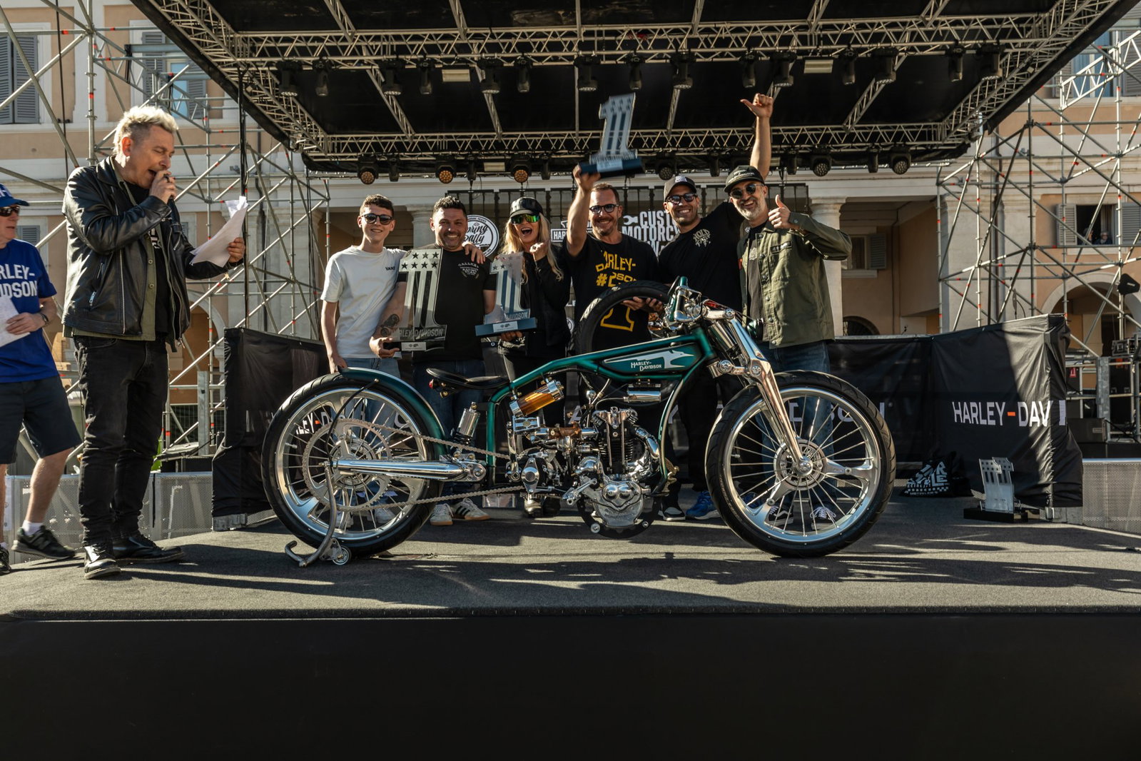 A custom motorcycle on stage at the Harley-Davidson European Spring Rally.