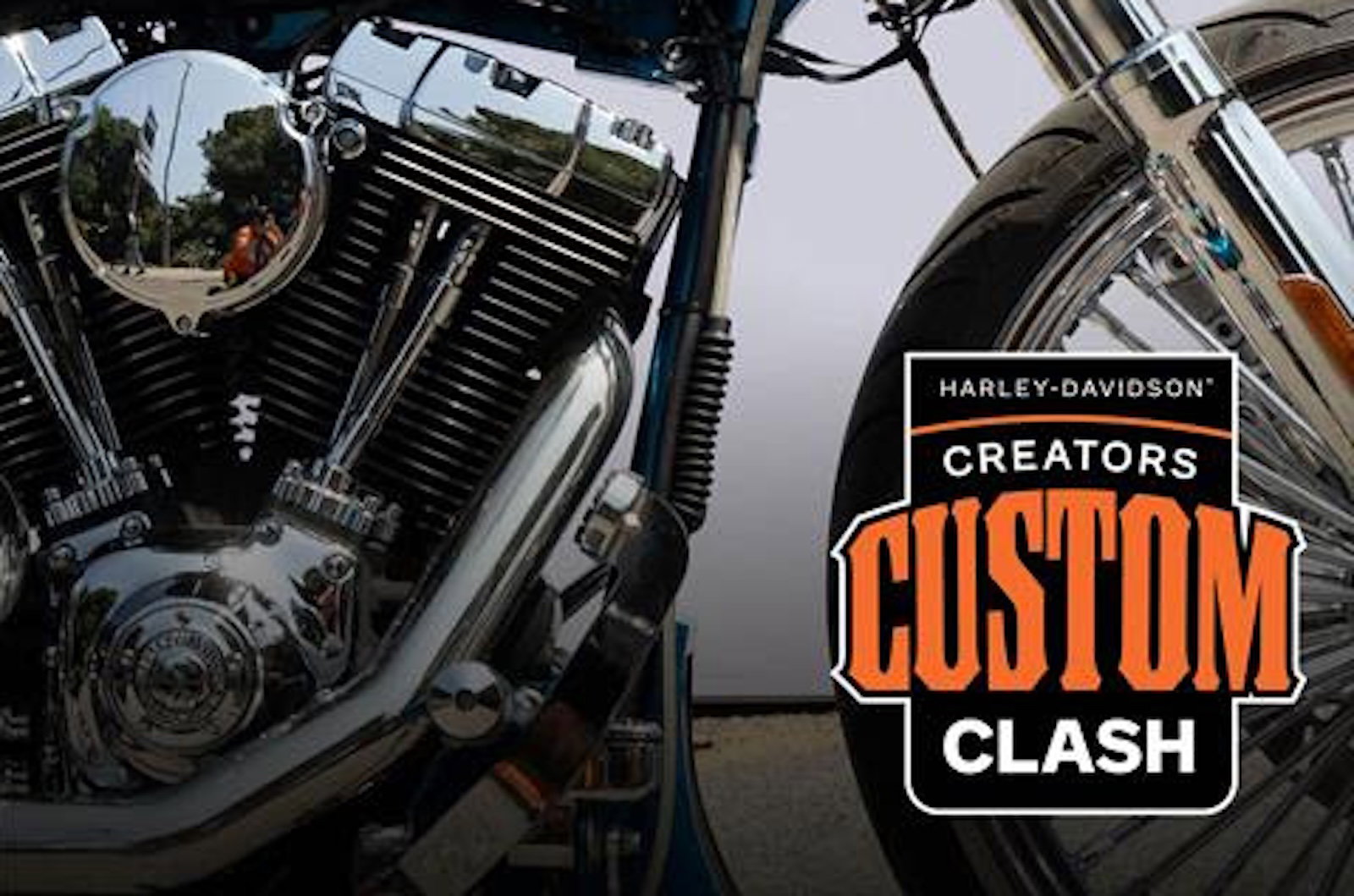 A Harley-Davidson V-twin along with the 'Creators Custom Clash' logo