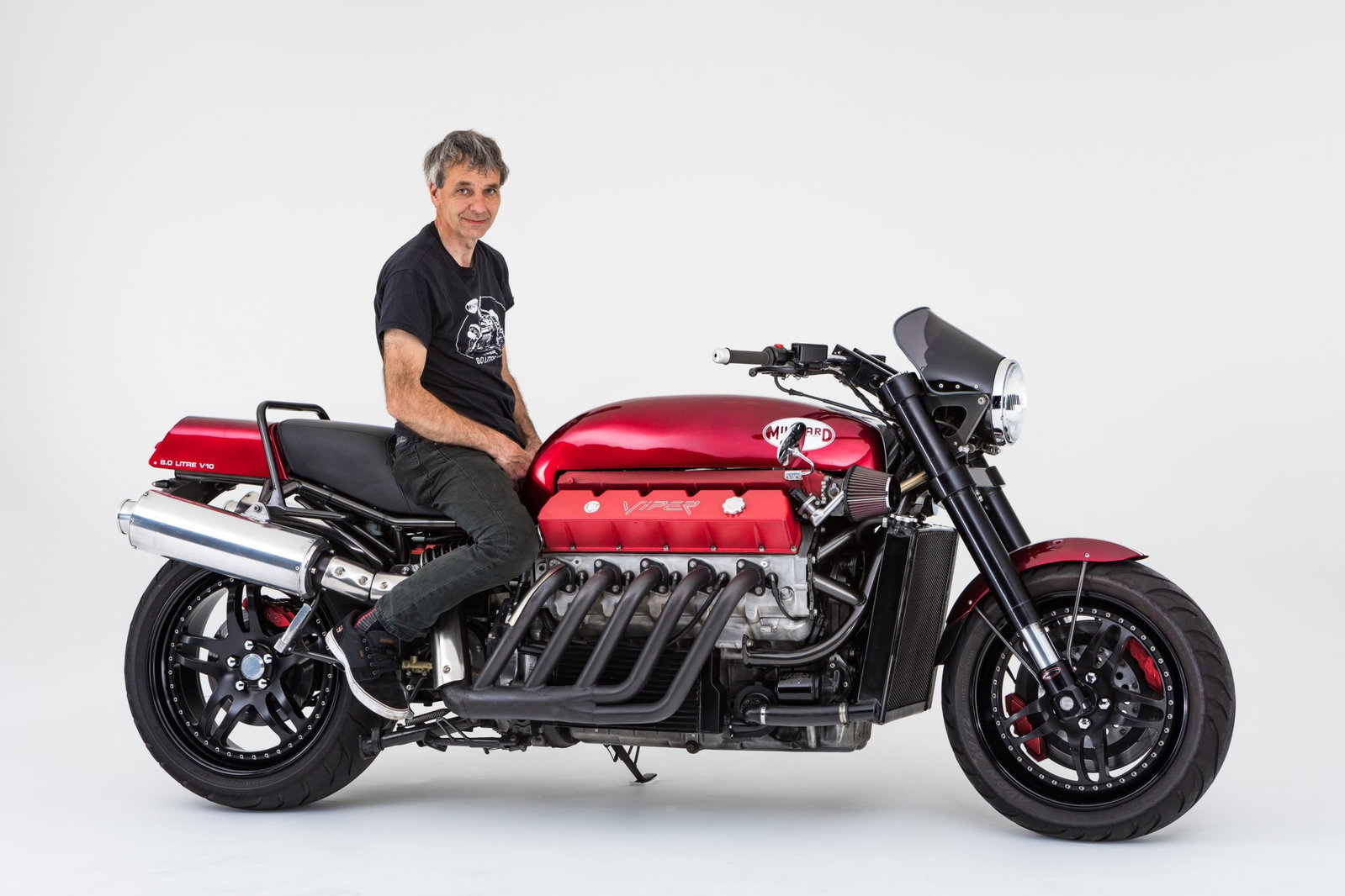 Allen Millyard sitting on his Viper V10 motorcycle. Credit: H&H Classics.