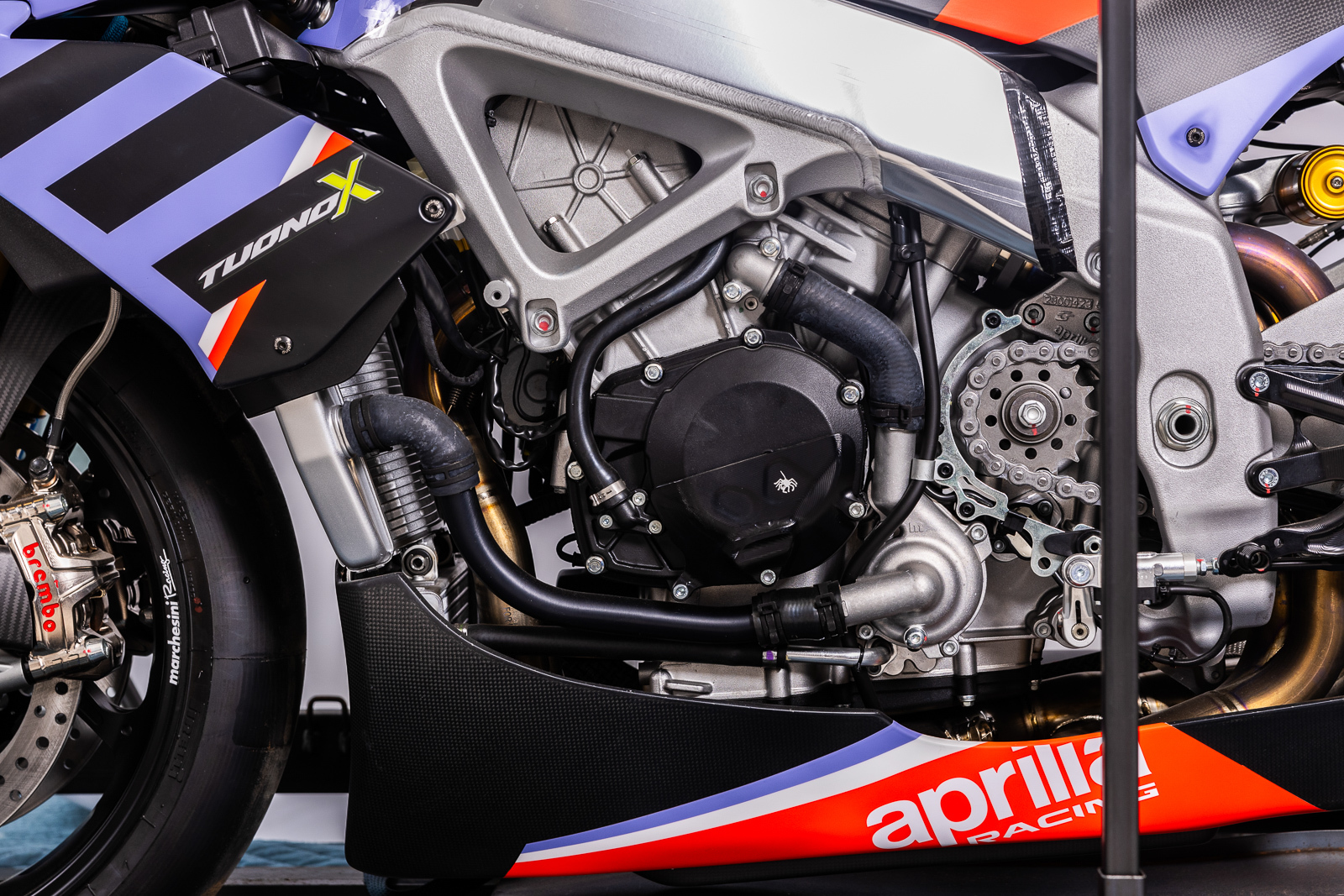 Aprilia Tuono X engine and frame. Credit: Iconic Motorbike Auctions. 