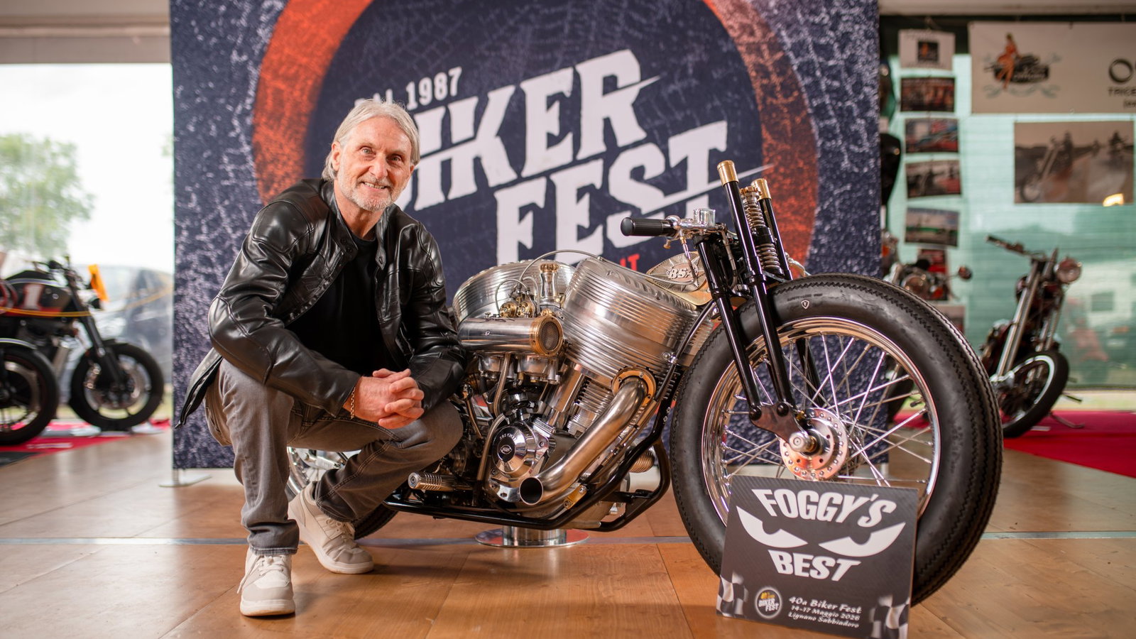Carl Fogarty with a custom built BSA motorcycle.