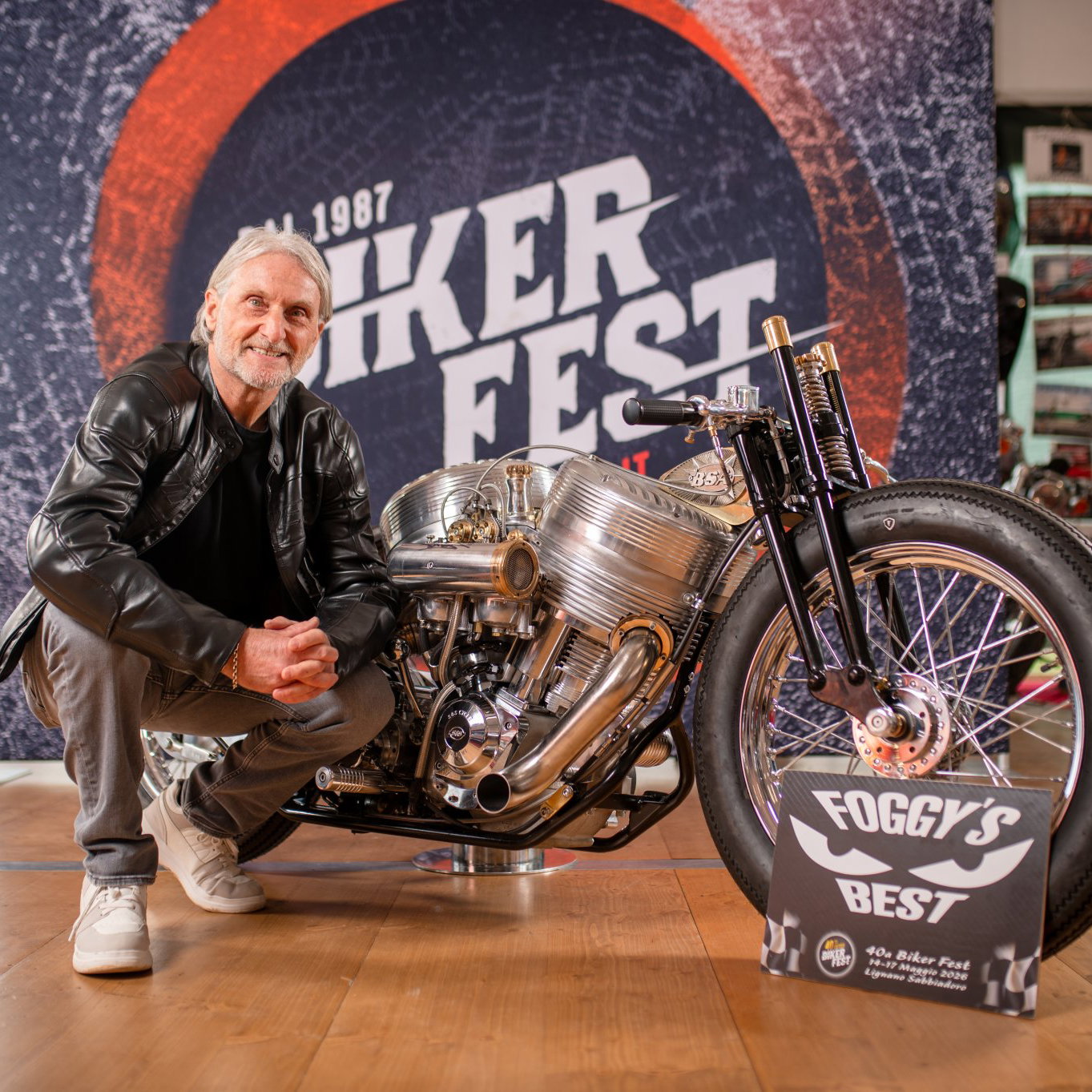 Carl Fogarty with a custom built BSA motorcycle.