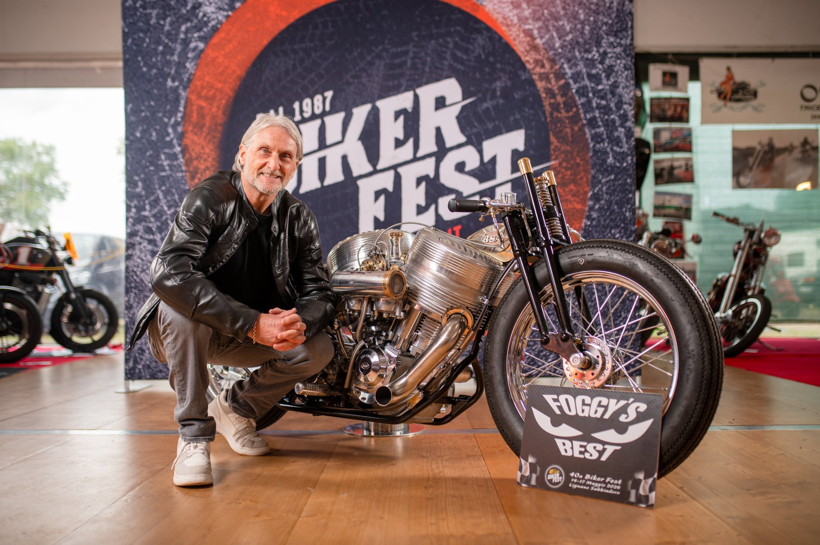 Carl Fogarty with a custom built BSA motorcycle.