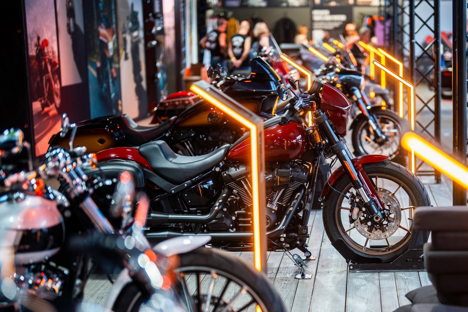 Harley-Davidson motorcycles in front of the public.