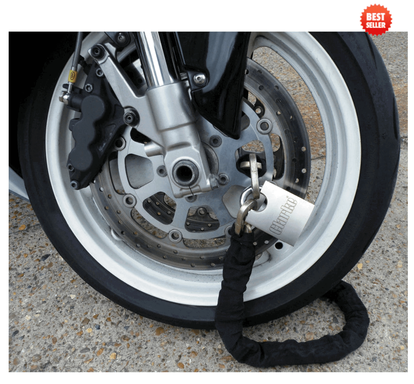 Clarke padlock and chain on a motorcycle.
