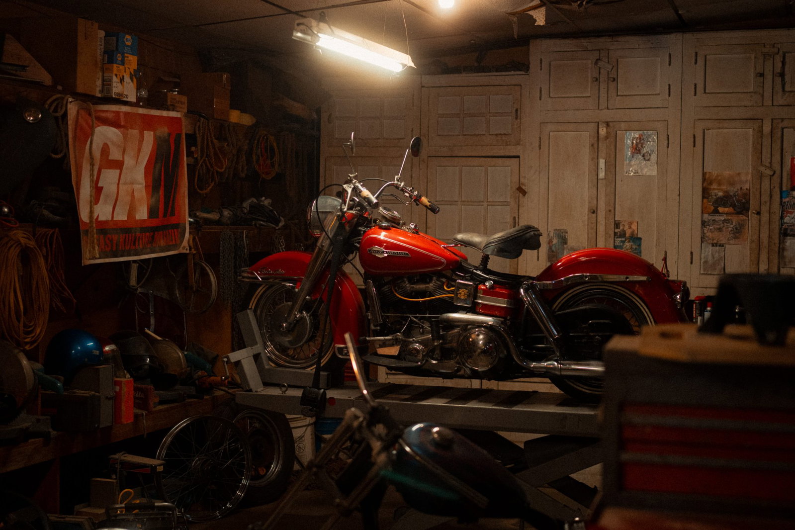A Harley-Davidson Pan Head on a bike ramp