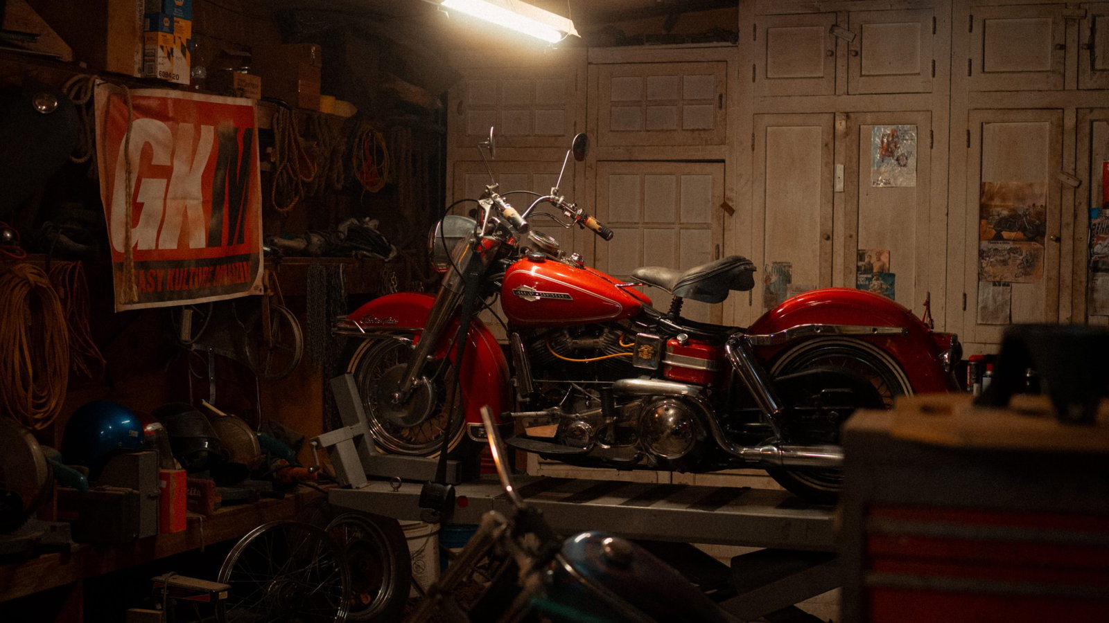 A Harley-Davidson Pan Head on a bike ramp