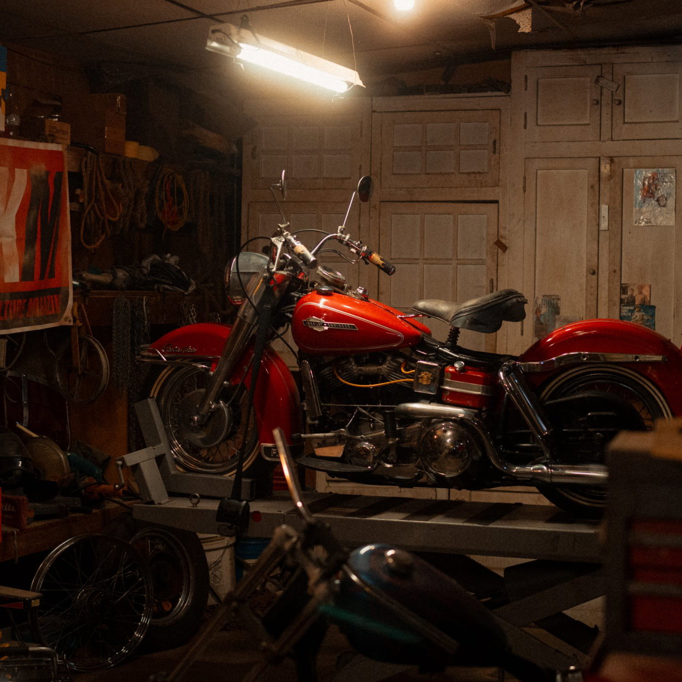 A Harley-Davidson Pan Head on a bike ramp