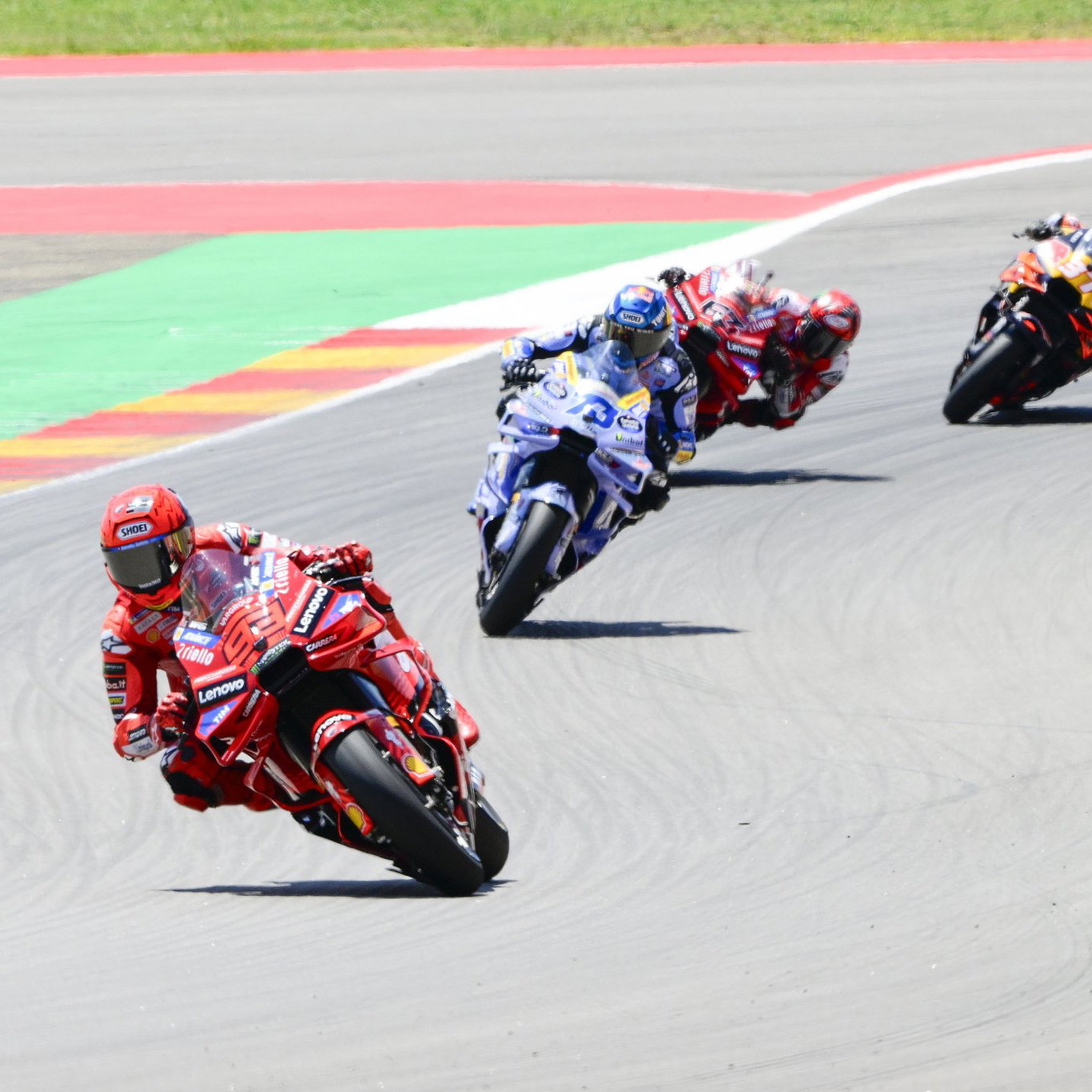 Marc Marquez leading the 2025 Aragon MotoGP. Credit: Gold and Goose.