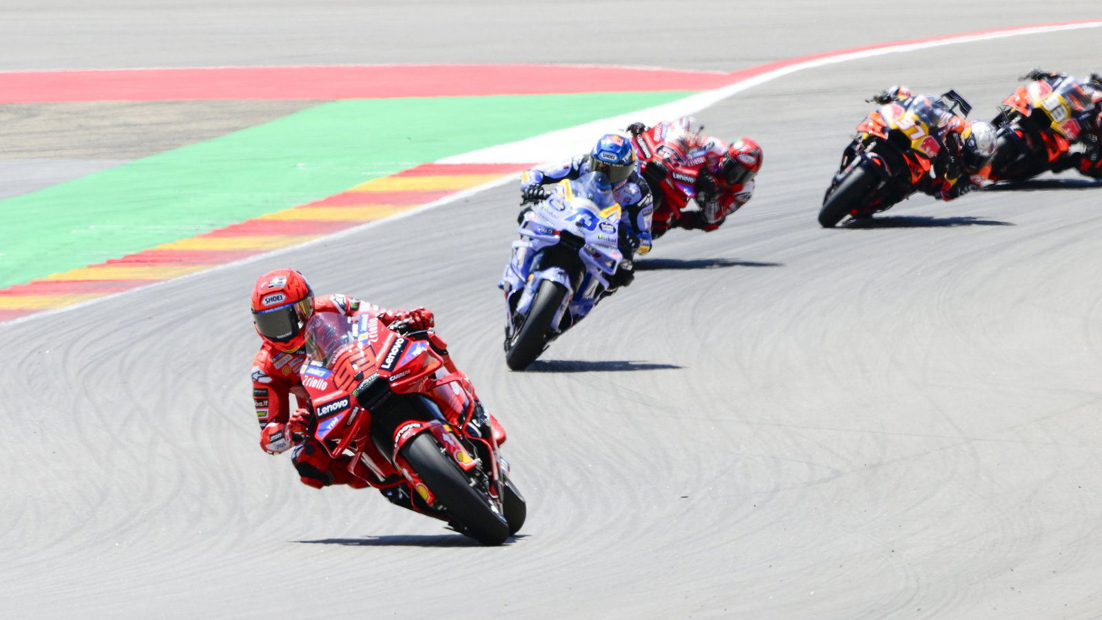 Marc Marquez leading the 2025 Aragon MotoGP. Credit: Gold and Goose.