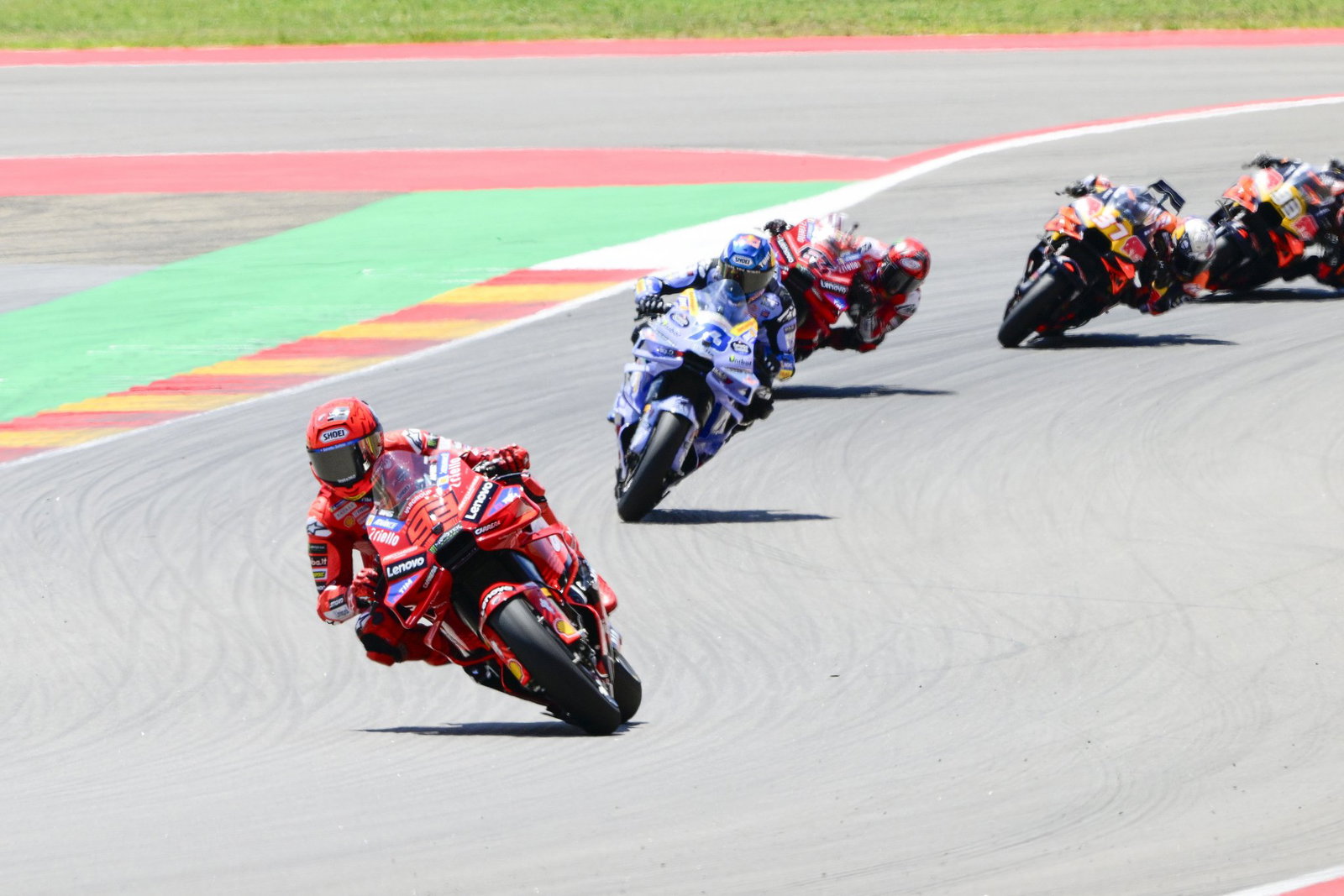 Marc Marquez leading the 2025 Aragon MotoGP. Credit: Gold and Goose.