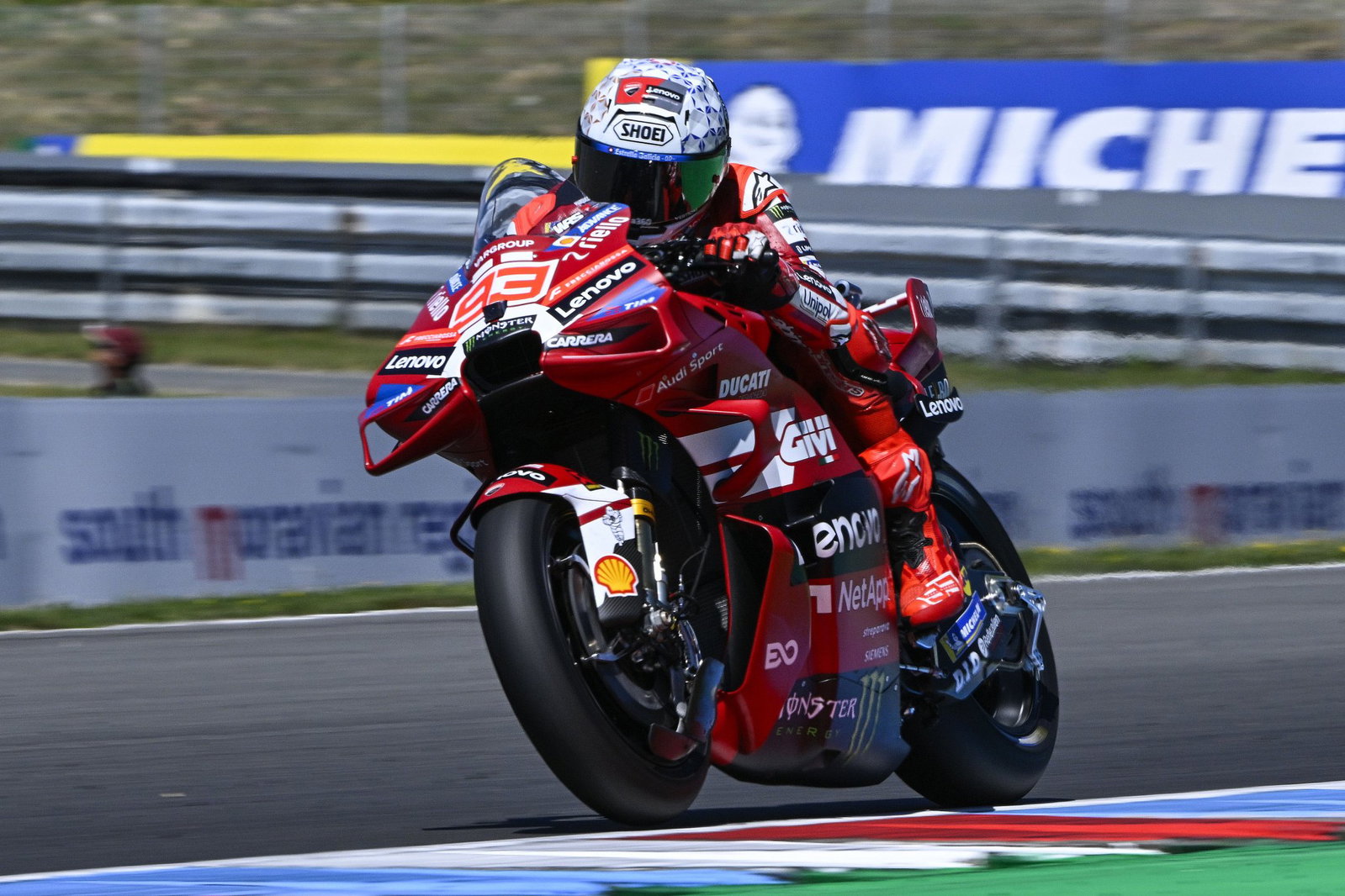 Marc Marquez riding a Ducati MotoGP bike at Brno. Credit: Gold and Goose.