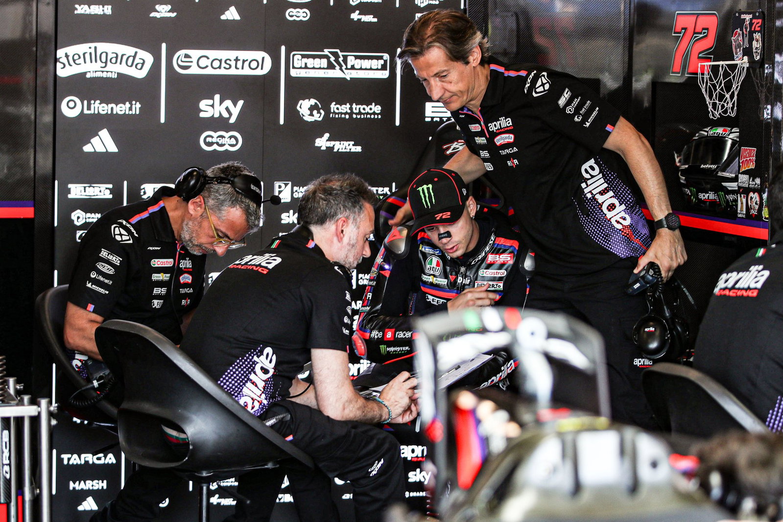 Marco Bezzecchi in the Aprilia garage at Brno. Credit: Gold and Goose.