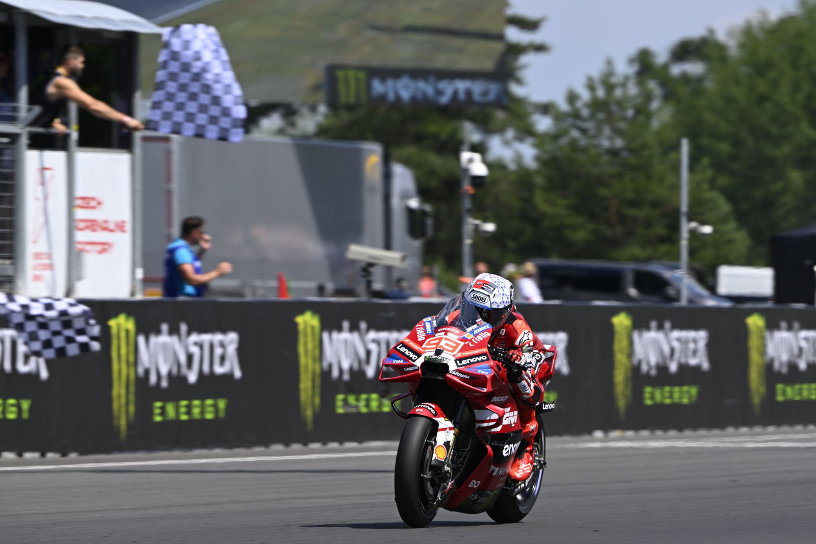 Marc Marquez crossing the line to win in Brno. Credit: Gold and Goose.