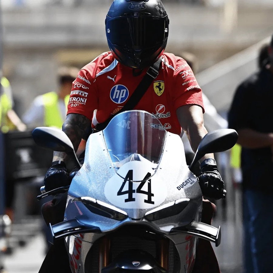 Lewis Hamilton riding a Ducati Panigale V4 S 100