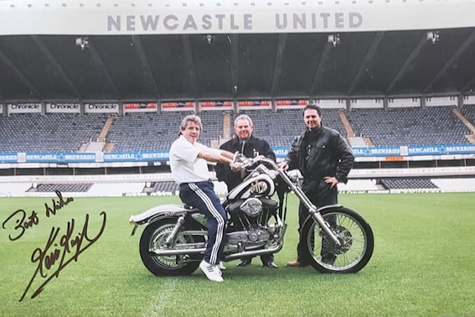 Kevin Keegan sittting on a custom Newcastle United Harley-Davidson