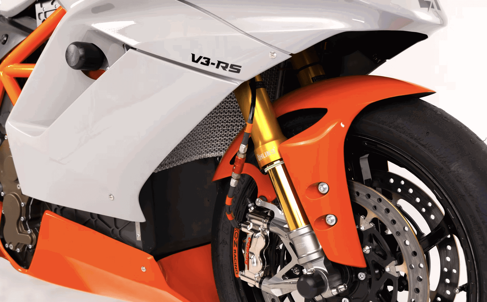 The front brake and suspension of the Lightfighter V3-RS