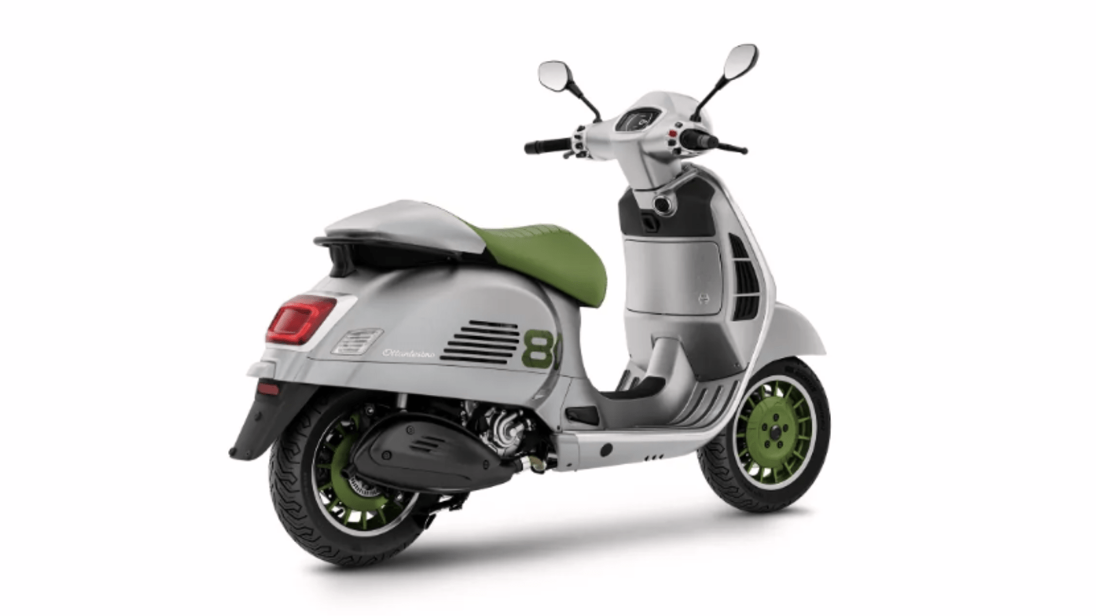 Studio shot of the new Vespa Edizione Ottantesimo scooter.