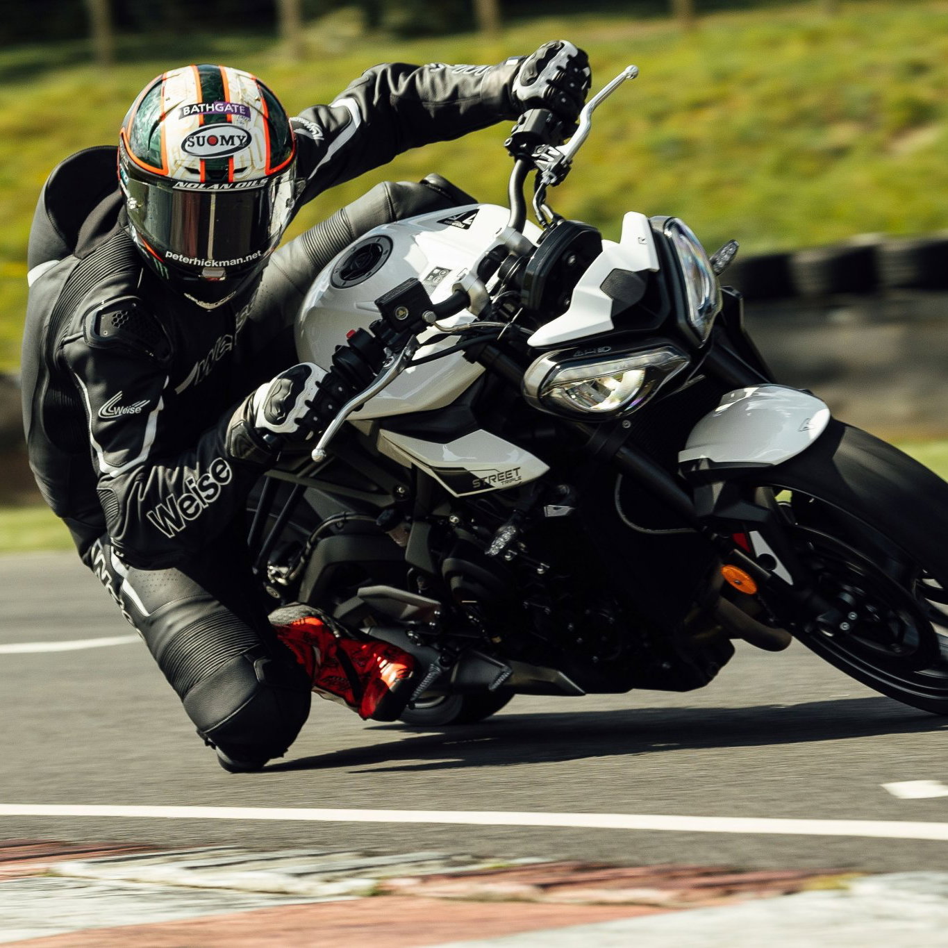 Peter Hickman riding in the new Weise Tornado 2.0 one-piece suit.