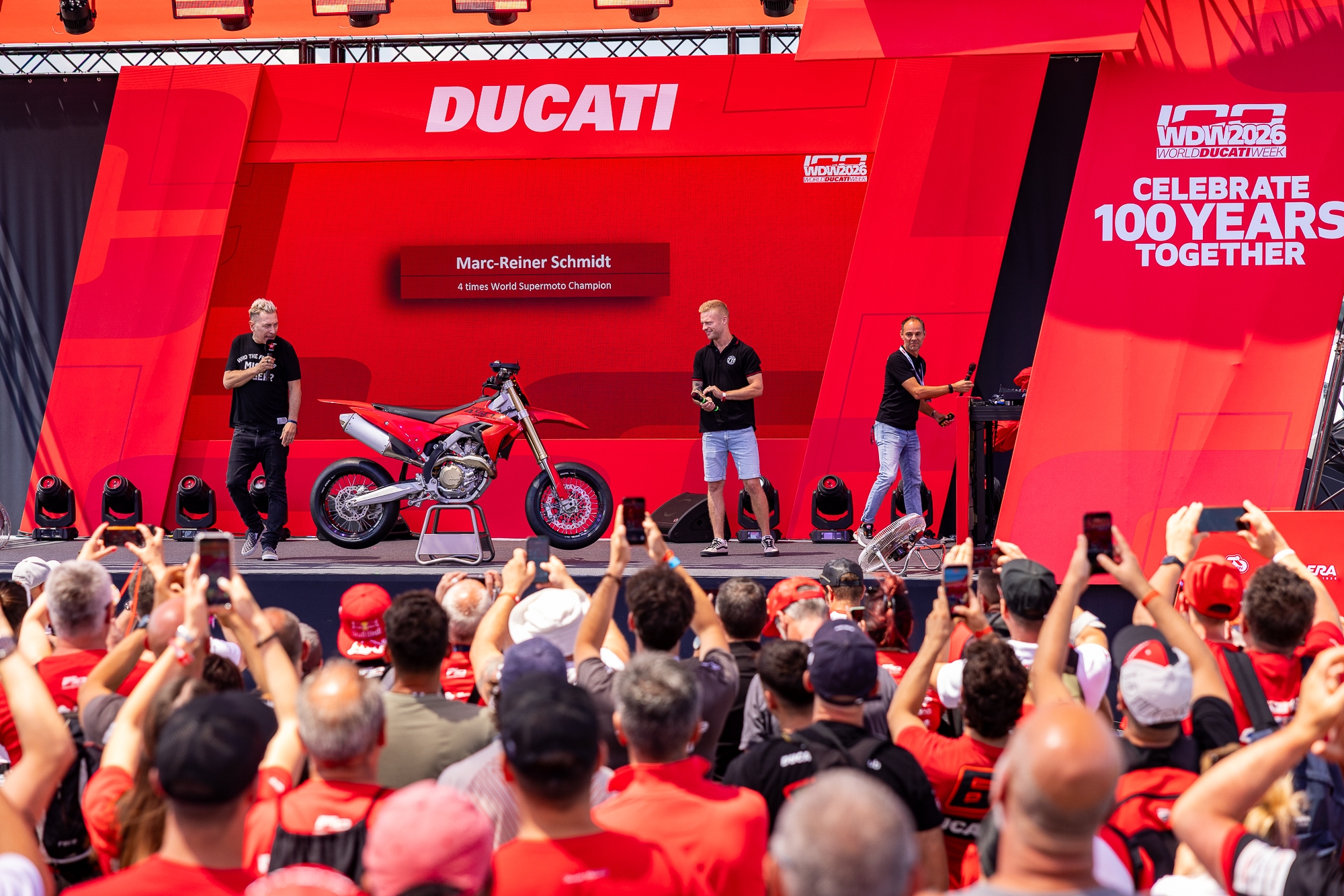 Ducati Desmo450 SM on stage at World Ducati Week. 