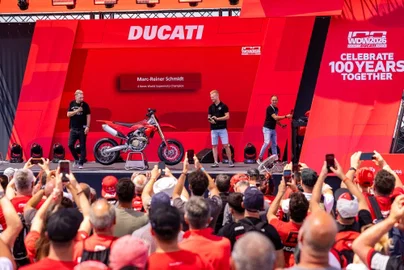 Ducati Desmo450 SM on stage at World Ducati Week.