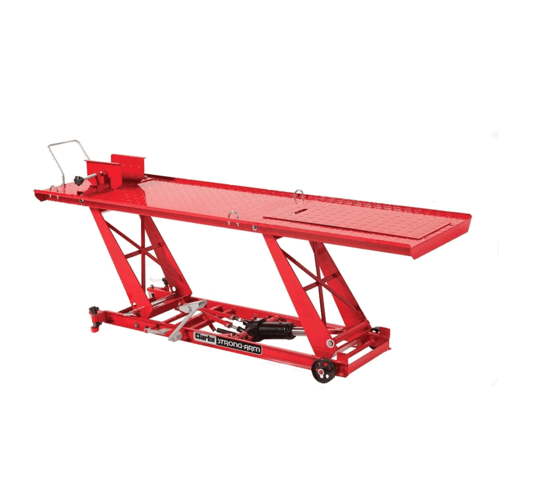 Clarke CML7 360kg Motorcycle Lift without a motorcycle on it.
