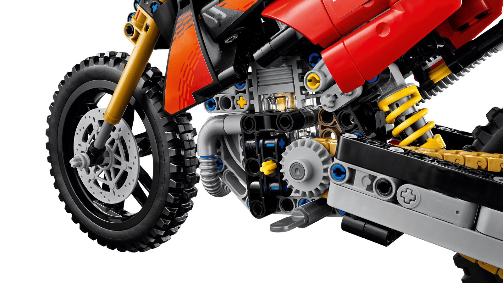 A Lego Technic Ducati Desmo450 MX with engine detail