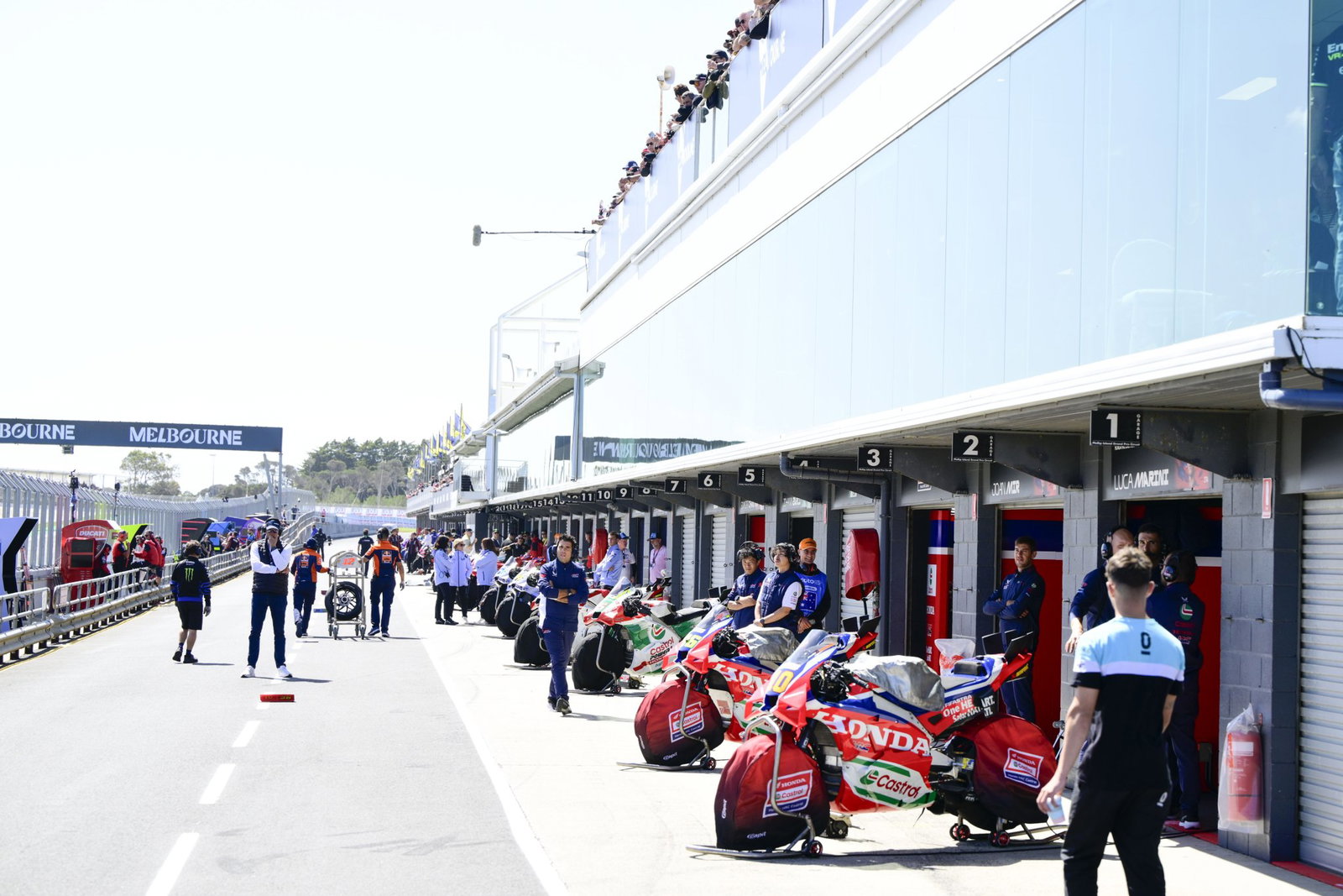 MotoGP bikes in pit lane at Phillip Island. Credit: Gold and Goose.