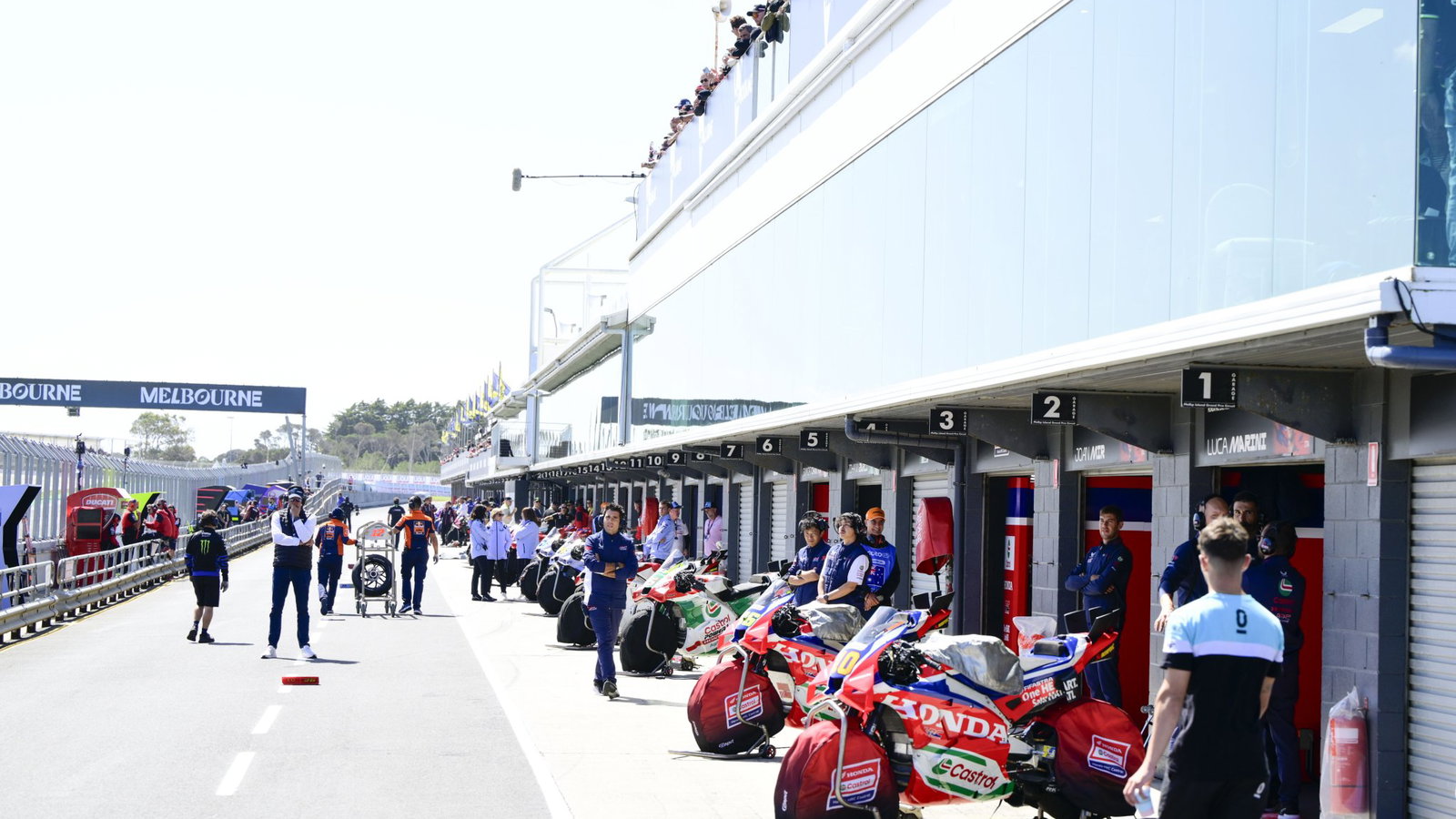 MotoGP bikes in pit lane at Phillip Island. Credit: Gold and Goose.