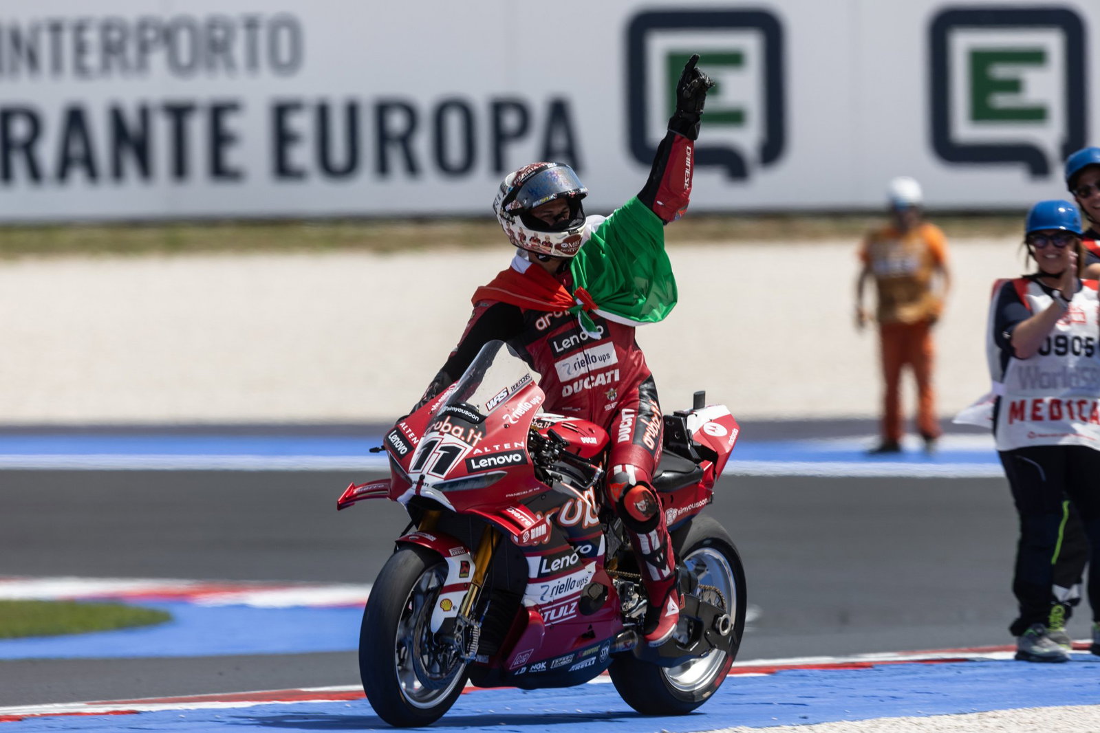 Nicolo Bulega celebrating a WorldSBK win. Credit: Gold and Goose.