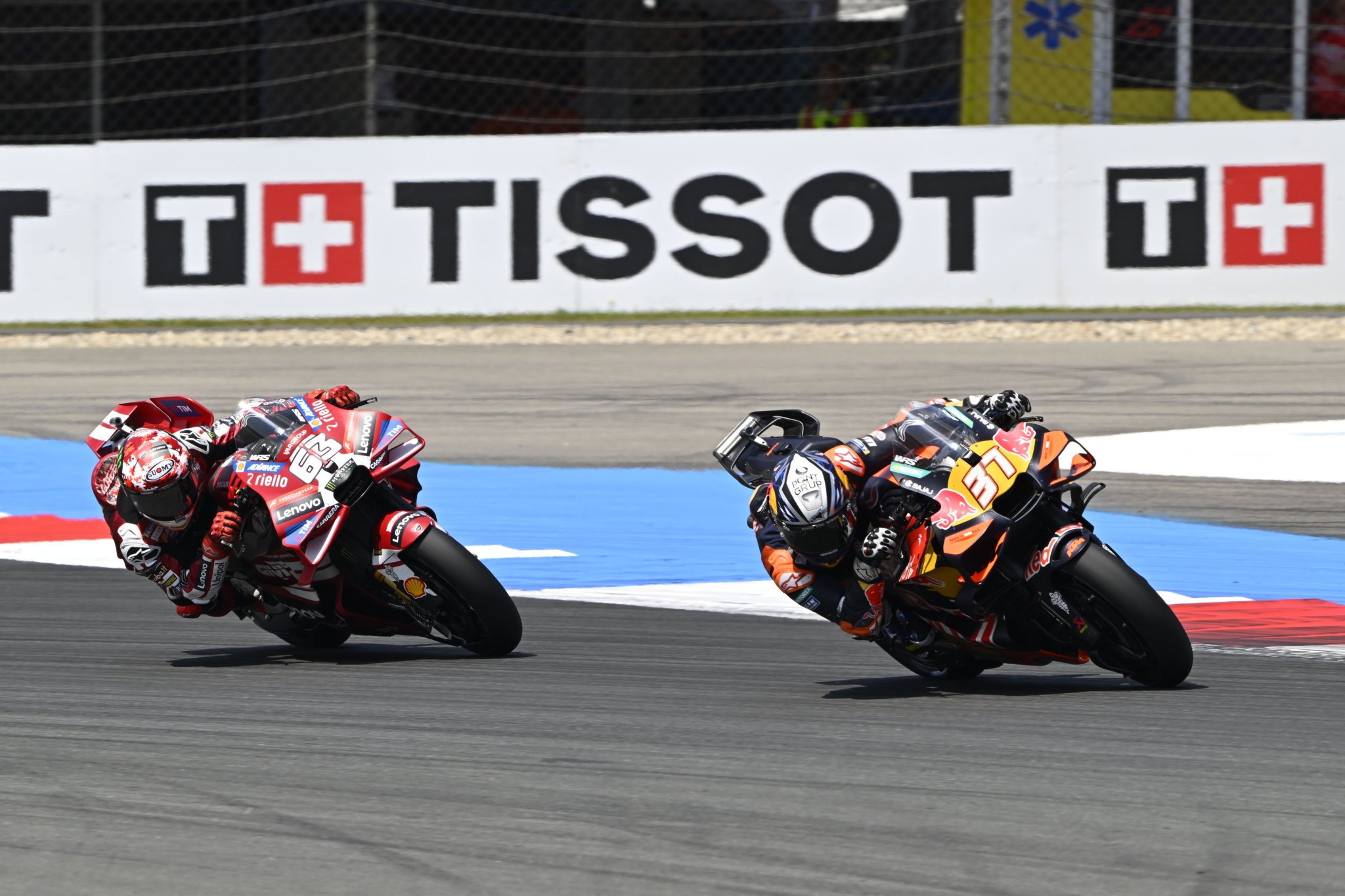 Pedro Acosta and Francesco Bagnaia racing at Assen.