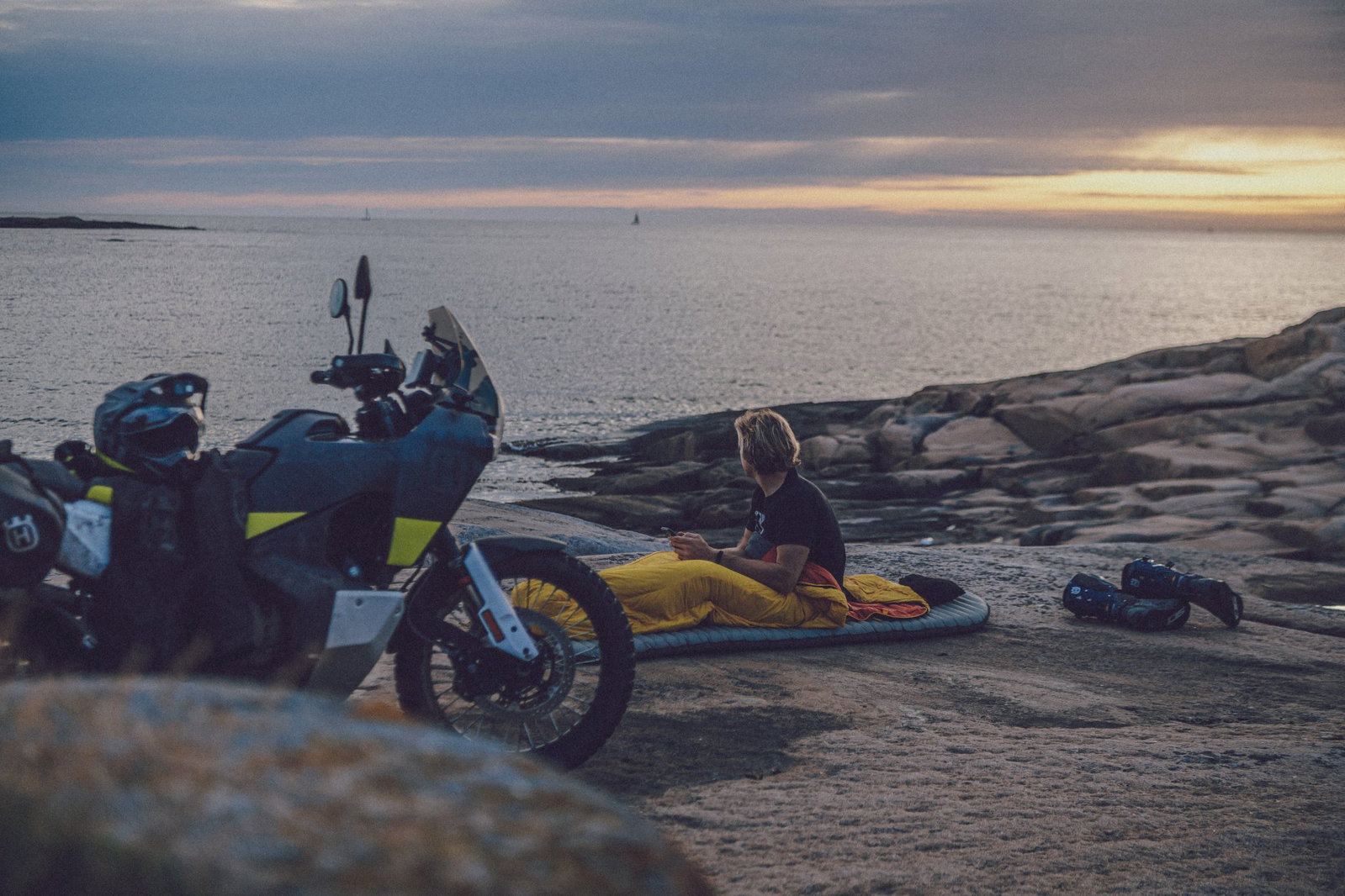 an adventure bike by the sea