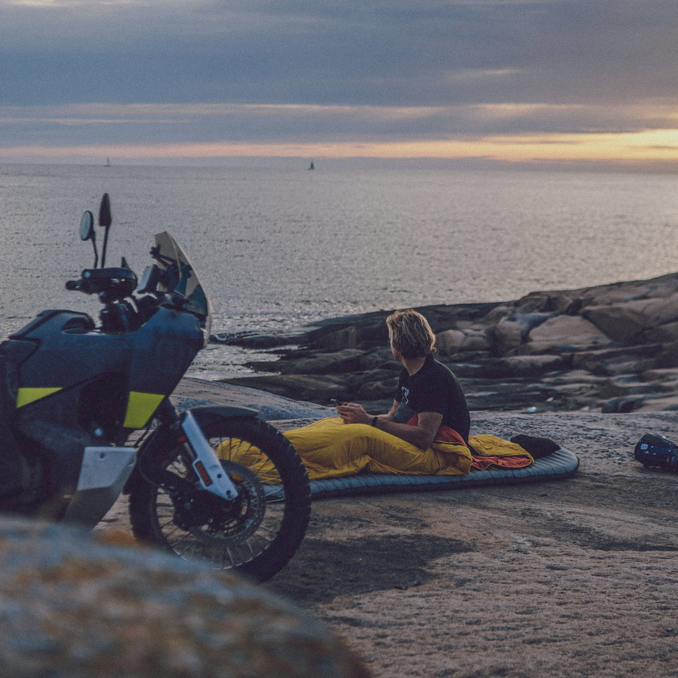 an adventure bike by the sea